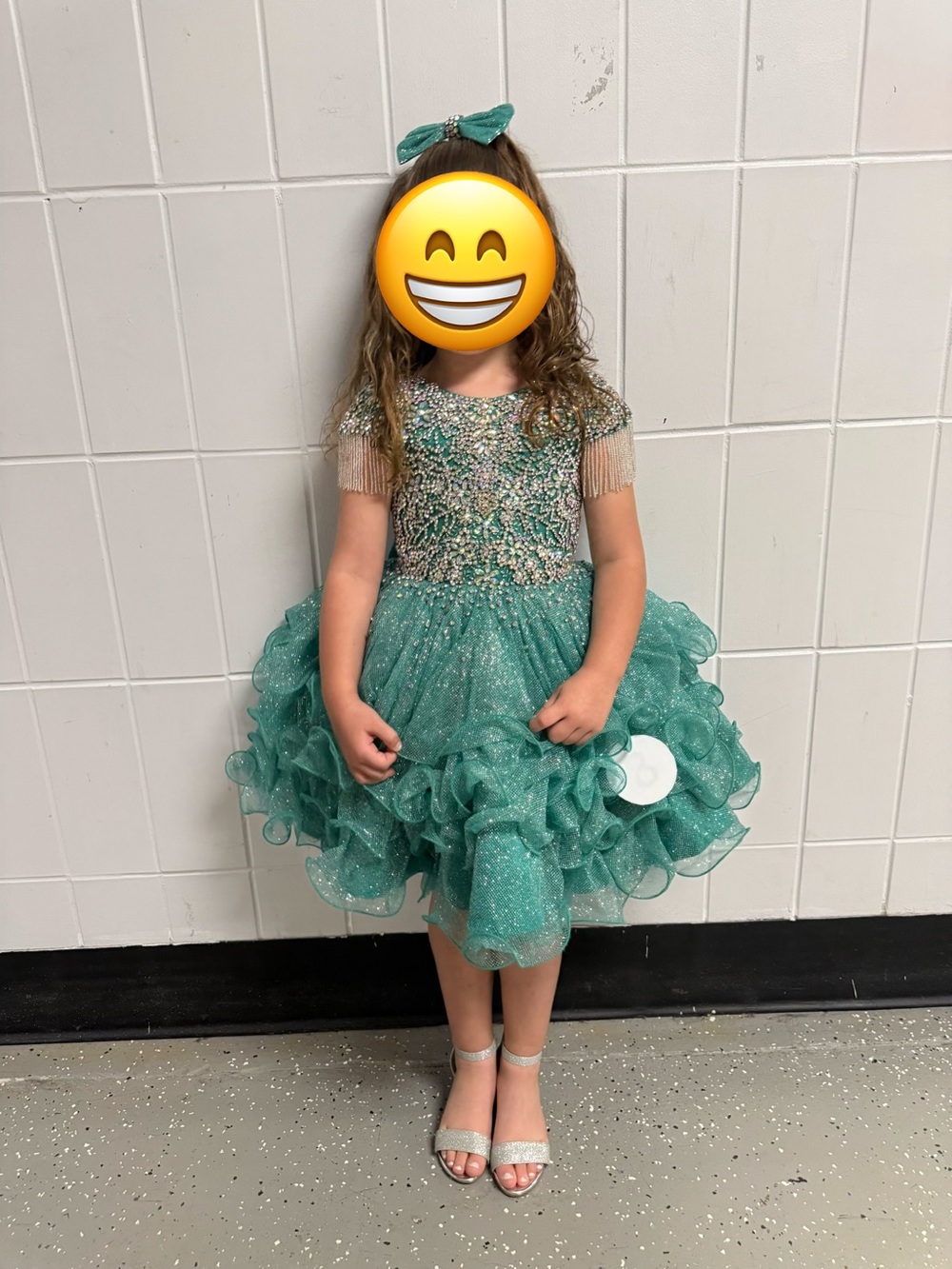 Girls' Teal Sparkle Ruffle Party Dress with Beaded Bodice